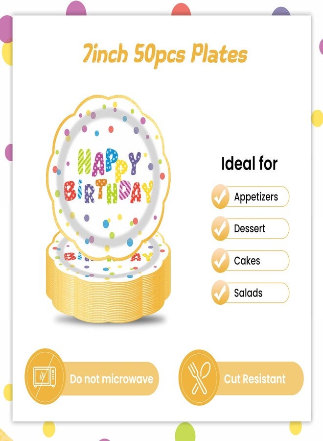 LDFDRT 7inch Happy Birthday Paper Plates 50 pcs Party Decorations Cake Dessert Plates Disposable Dinnerware Tableware for Birthday Party Supplies (rainbow birthday) - Image 3