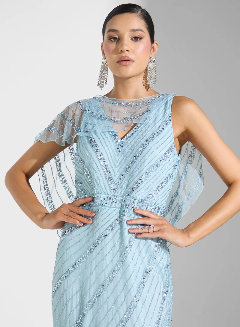 Namshi x Sequin Embellished Dress With Cape Sleeve