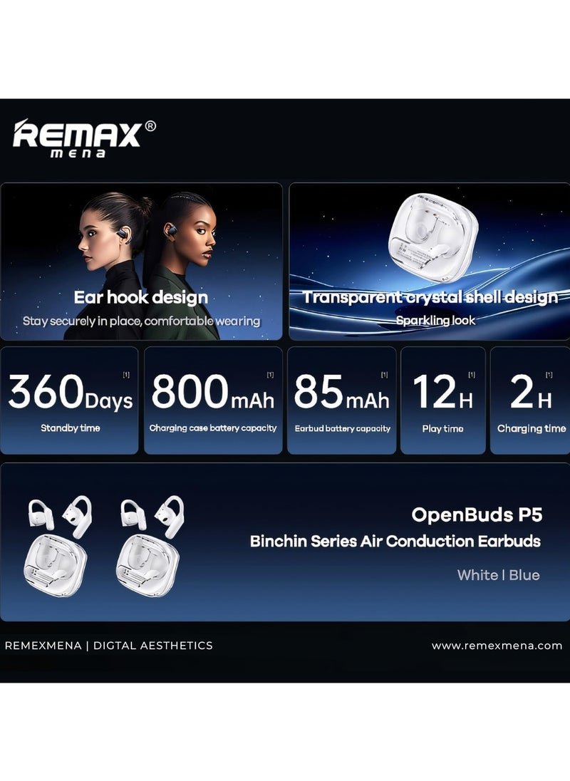 Remax Mena Air Conduction Earbuds OpenBuds P5, 800 mAh Charging Case, 85 mAh EarBud Capacity,Comfortable and Secure Fit, 12H Play Time (White)  - Image 3