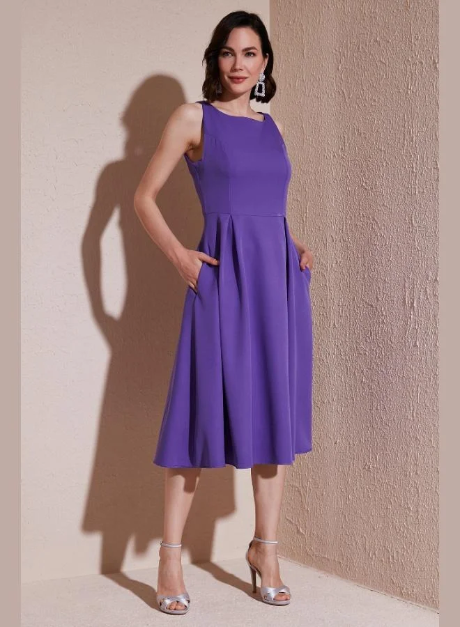 Lela Lela Regular Fit Crew Neck Pocketed Pleated Midi Length Evening Dress Women's Dress 6111963