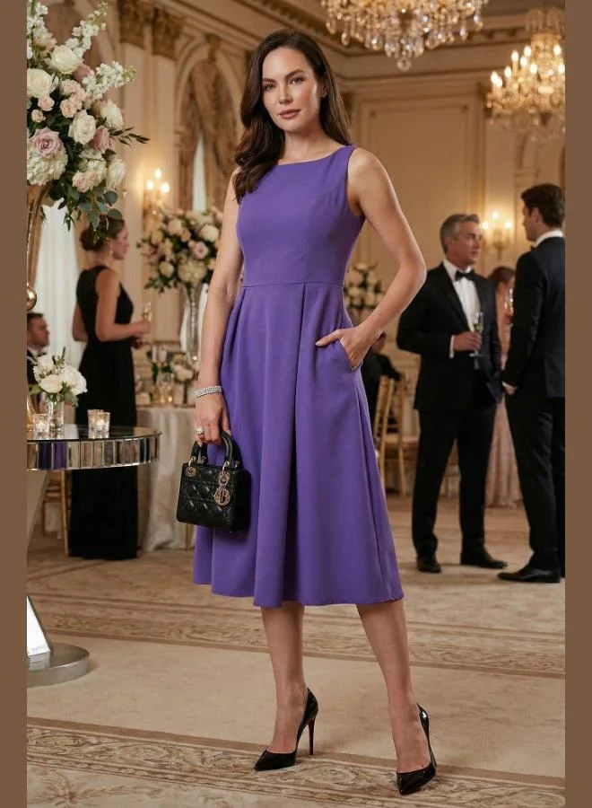 Lela Lela Regular Fit Crew Neck Pocketed Pleated Midi Length Evening Dress Women's Dress 6111963