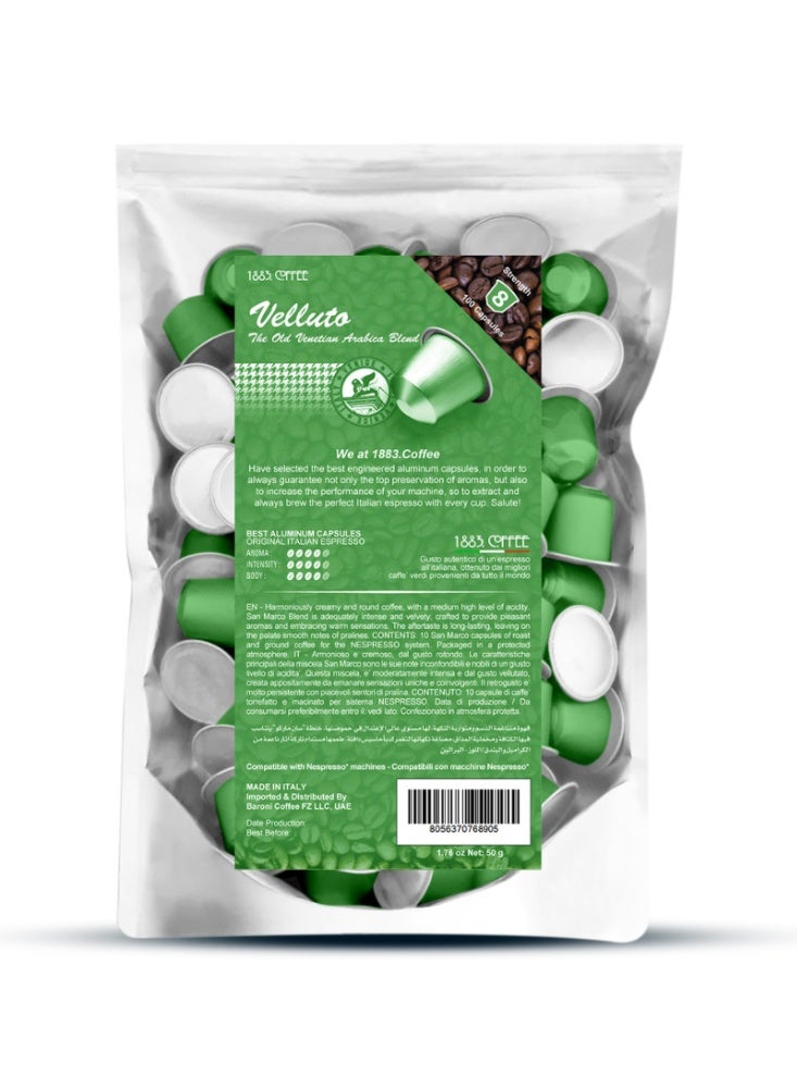 1883. coffee Velluto 100 Coffee Capsules in 100% Aluminum Recyclable to infinity Arabica , Blend Intensity 4/5, Box with 100 Loose Capsules Compatible with Nespresso Machine, Made in Italy - Image 1
