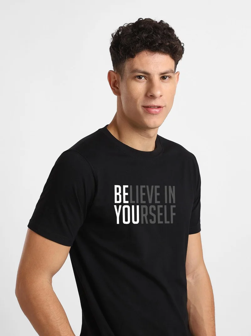 NOBERO Men's Cotton Regular Fit Letter Print T-Shirt