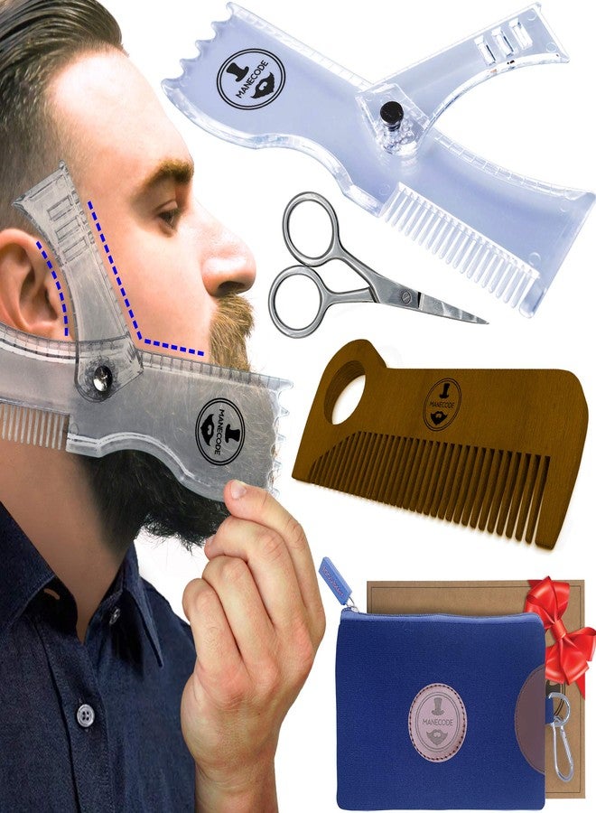 Manecode Beard Shaping Kit - Grooming Tools for Men - Adjustable Lineup Template, Premium Wooden Comb, Laser Sharpening Scissors, All in Hygiene Travel Case - Image 1
