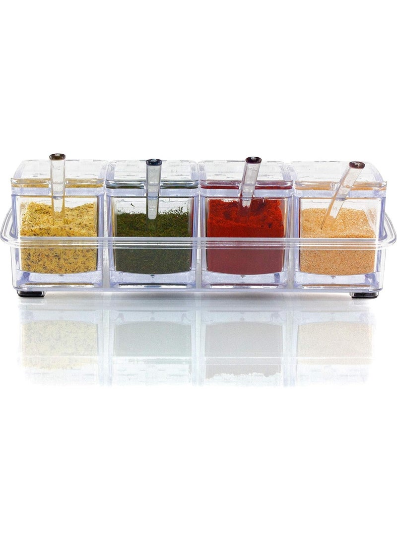 Seasoning Box 4-Piece Set, Clear Acrylic Spice Pots Storage Container Jars with Spoons, Kitchen Seasoning Organizer for Salt Sugar Pepper Herbs and Spices, Transparent Countertop Storage Box - Image 5