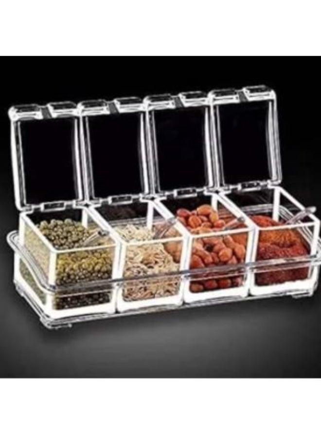 Seasoning Box 4-Piece Set, Clear Acrylic Spice Pots Storage Container Jars with Spoons, Kitchen Seasoning Organizer for Salt Sugar Pepper Herbs and Spices, Transparent Countertop Storage Box - Image 1