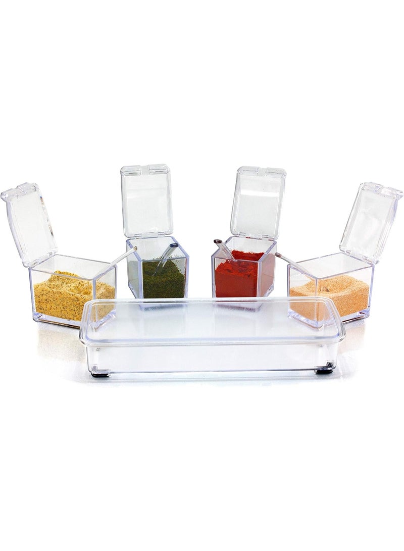 Seasoning Box 4-Piece Set, Clear Acrylic Spice Pots Storage Container Jars with Spoons, Kitchen Seasoning Organizer for Salt Sugar Pepper Herbs and Spices, Transparent Countertop Storage Box - Image 4