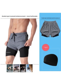Men's Swim Trunks Swimming Trunks Men's Sports Double Layer Awkward Quick-drying Breathable Loose Shorts Beach Pants Three-point Running Pants-Color:Dark Gray 2-piece Set (swimming Trunks + Swimming Cap) 1001-Size:6xl 70-75kg