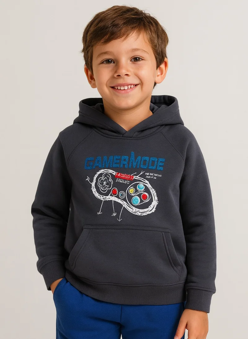 victor and jane Boys' Dark Grey "Gamer Mode" Printed Hoodie Sweatshirt