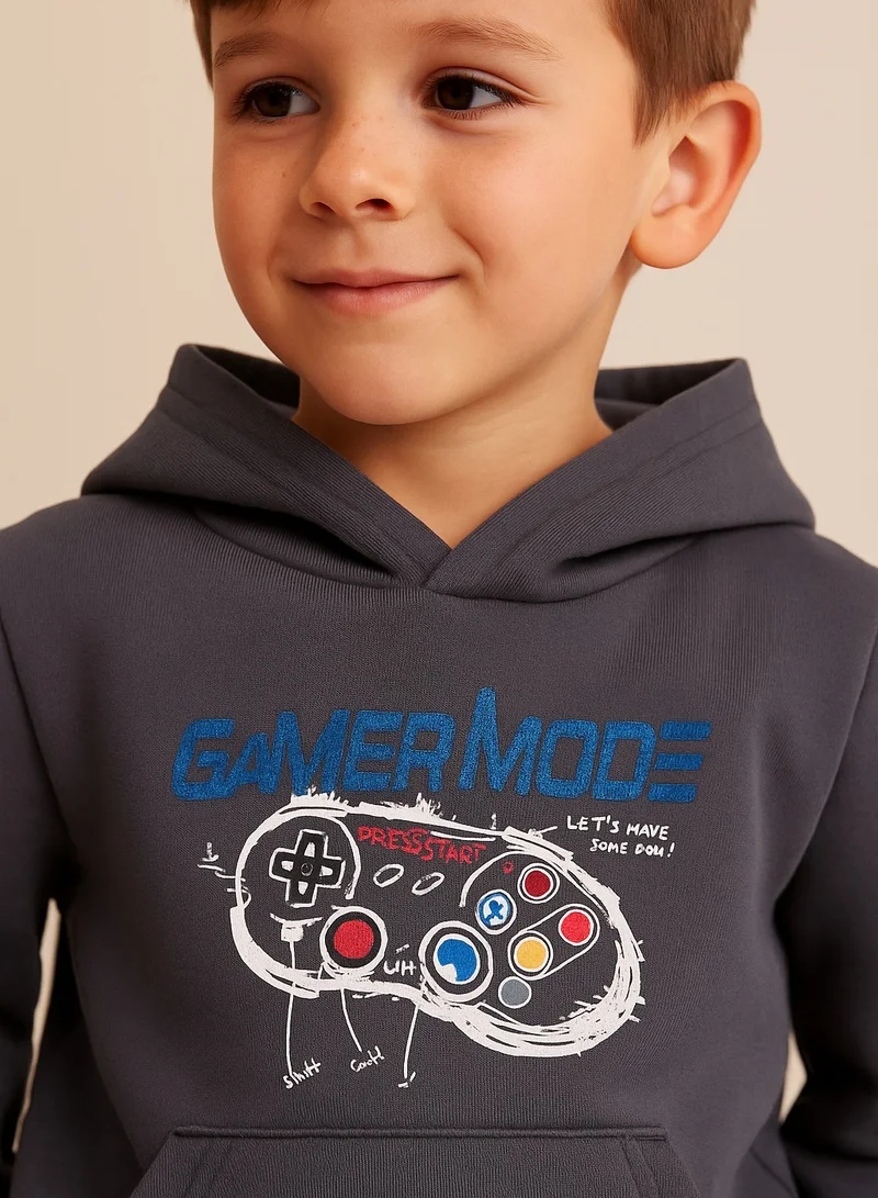 victor and jane Boys' Dark Grey "Gamer Mode" Printed Hoodie Sweatshirt