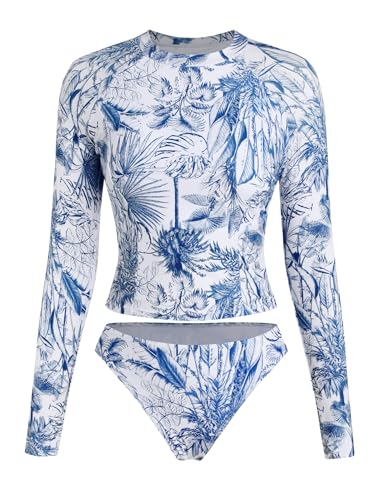 ZAFUL Womens Rash Guard Swimsuits Long Sleeve Sun Protection Bathing Suit Tropical Swim Shirts with Briefs White S - Image 1