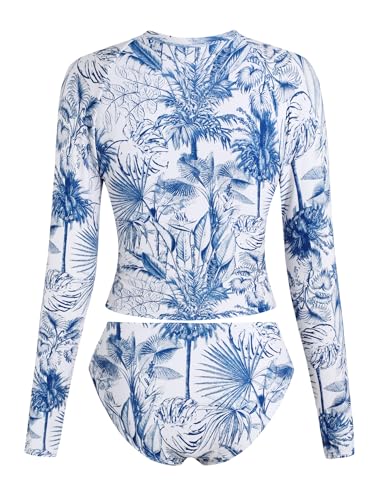 ZAFUL Womens Rash Guard Swimsuits Long Sleeve Sun Protection Bathing Suit Tropical Swim Shirts with Briefs White S - Image 3