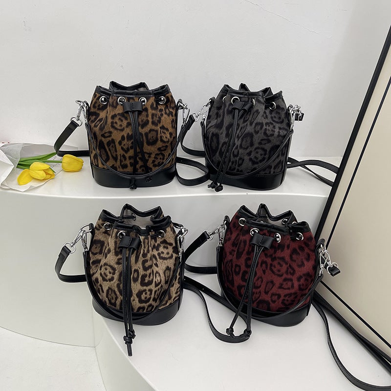 Leopard-Print Drawpack Bucket Bag 2024 Autumn New Fashion Fashionable Women'S Bag Korean-Style Trendy Shoulder Crossbody Bag - Image 4