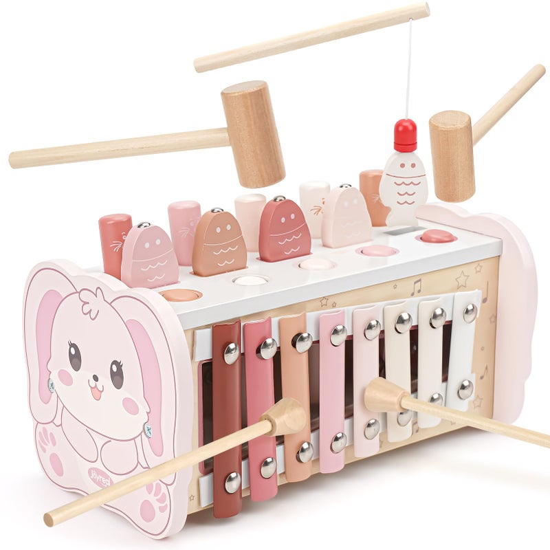 Joyreal Montessori Toys for 1 Year Old Girl Gift - Pink Wooden Hammering Pounding Toy with Xylophone & Fishing Game - Toddler Learning Activities for Kids 1+ 2 3 Year Old Christmas Birthday Gifts - Image 1