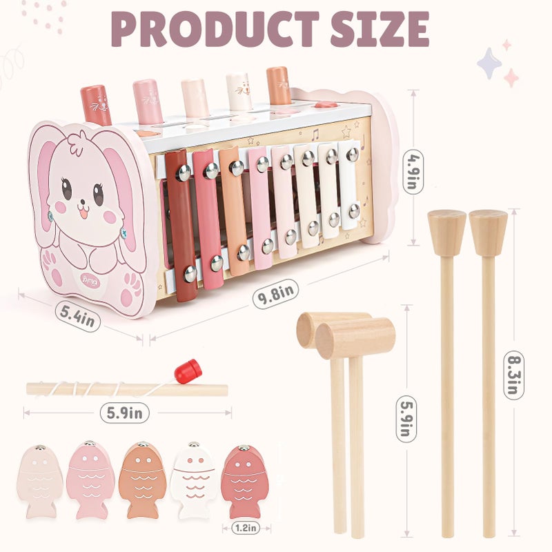 Joyreal Montessori Toys for 1 Year Old Girl Gift - Pink Wooden Hammering Pounding Toy with Xylophone & Fishing Game - Toddler Learning Activities for Kids 1+ 2 3 Year Old Christmas Birthday Gifts - Image 2