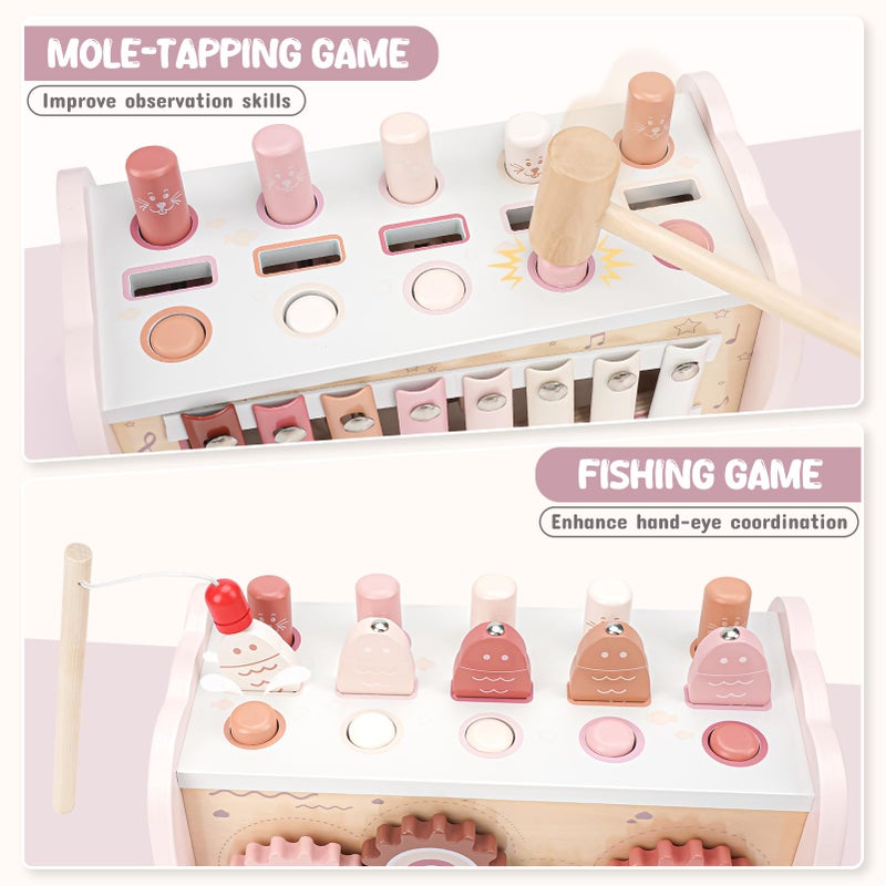 Joyreal Montessori Toys for 1 Year Old Girl Gift - Pink Wooden Hammering Pounding Toy with Xylophone & Fishing Game - Toddler Learning Activities for Kids 1+ 2 3 Year Old Christmas Birthday Gifts - Image 3