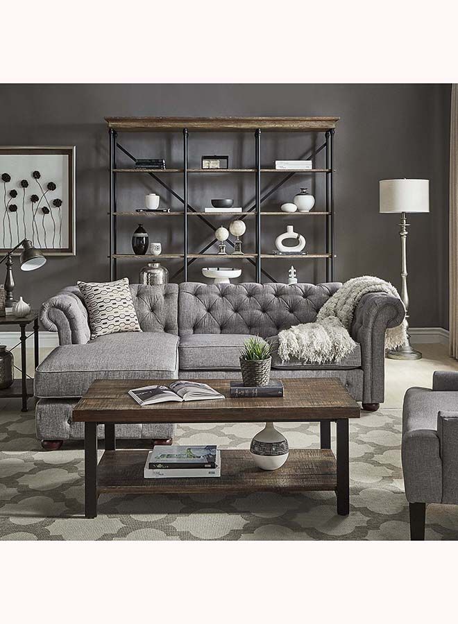 FSH Furniture Tufted Scroll Arm Chesterfield 3-Seat Corner Chaise Sofa Beige 225x170x85 cm  - Image 2