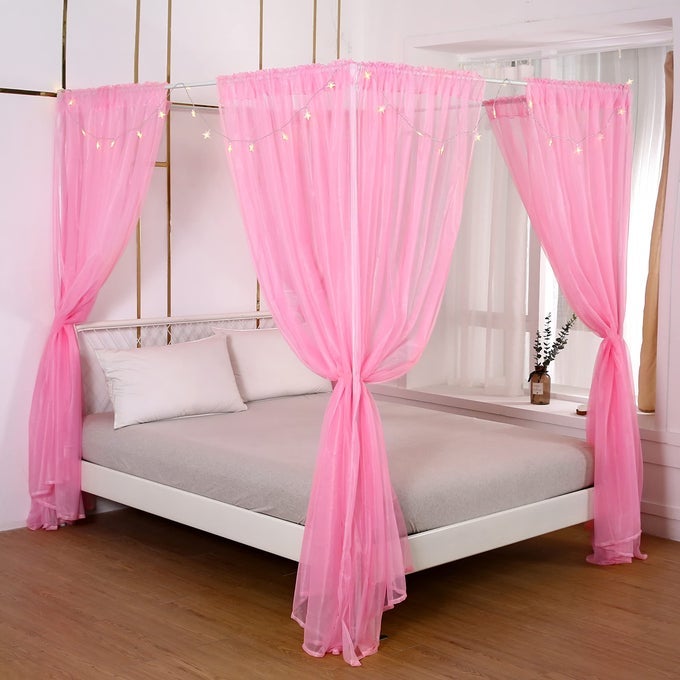BED CANOPY PANELS CANOPY BED CURTAINS WITH LIGHTS FOR GIRLS BOYS ADULTSHOME DECORATION SET OF 8 PANELS FULLQUEEN PINK
