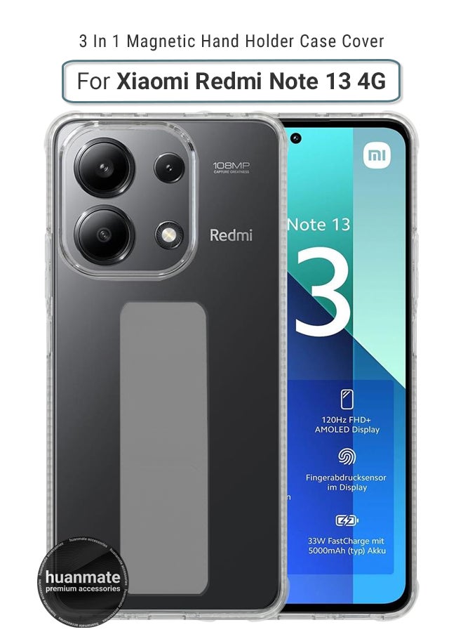 هووانميت حافظة لهاتف شاومي ريدمي نوت 13 - 4 جي، حافظة مغناطيسية ممتازة مع حامل مقبض يدوي ومسند - غطاء أنيق وعملي لقبضة معززة وراحة مطلقة وتجربة مشاهدة بدون استخدام اليدين - شفاف/أرمادي - Image 1