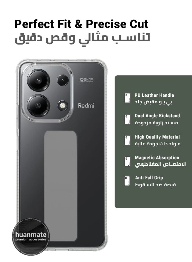 هووانميت حافظة لهاتف شاومي ريدمي نوت 13 - 4 جي، حافظة مغناطيسية ممتازة مع حامل مقبض يدوي ومسند - غطاء أنيق وعملي لقبضة معززة وراحة مطلقة وتجربة مشاهدة بدون استخدام اليدين - شفاف/أرمادي - Image 2