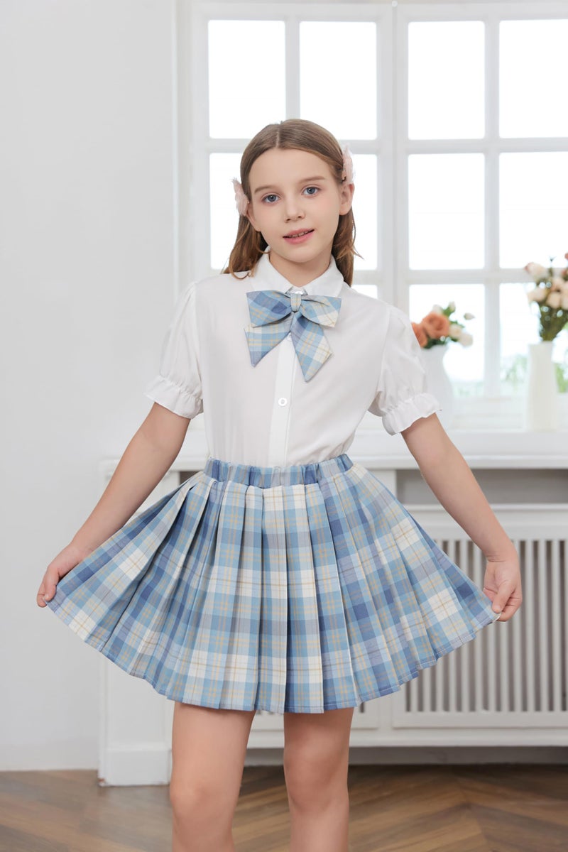 Betusline Girls Skirt Set JK School Uniform 2-Piece Outfit - Short Sleeve Shirt with Bow & Pleated Plaid Skirt, Plaid Blue, 7-8 Years = Tag 140 - Image 3