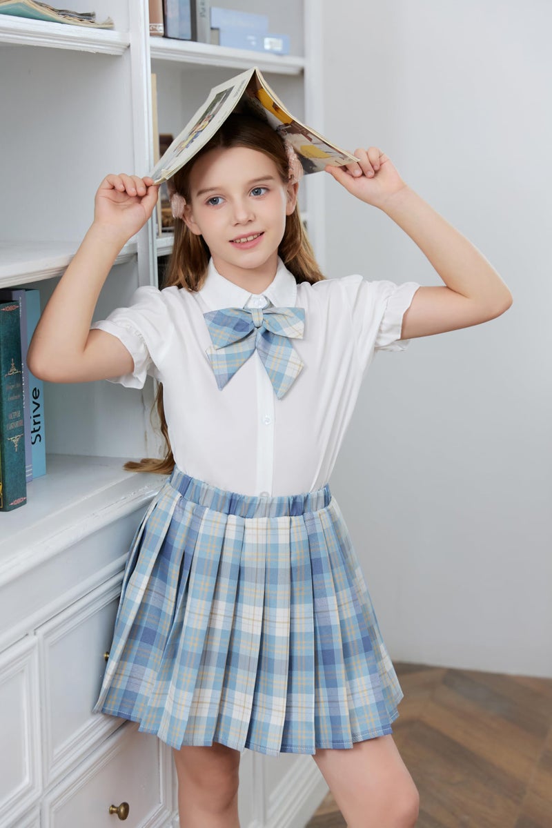 Betusline Girls Skirt Set JK School Uniform 2-Piece Outfit - Short Sleeve Shirt with Bow & Pleated Plaid Skirt, Plaid Blue, 7-8 Years = Tag 140 - Image 2