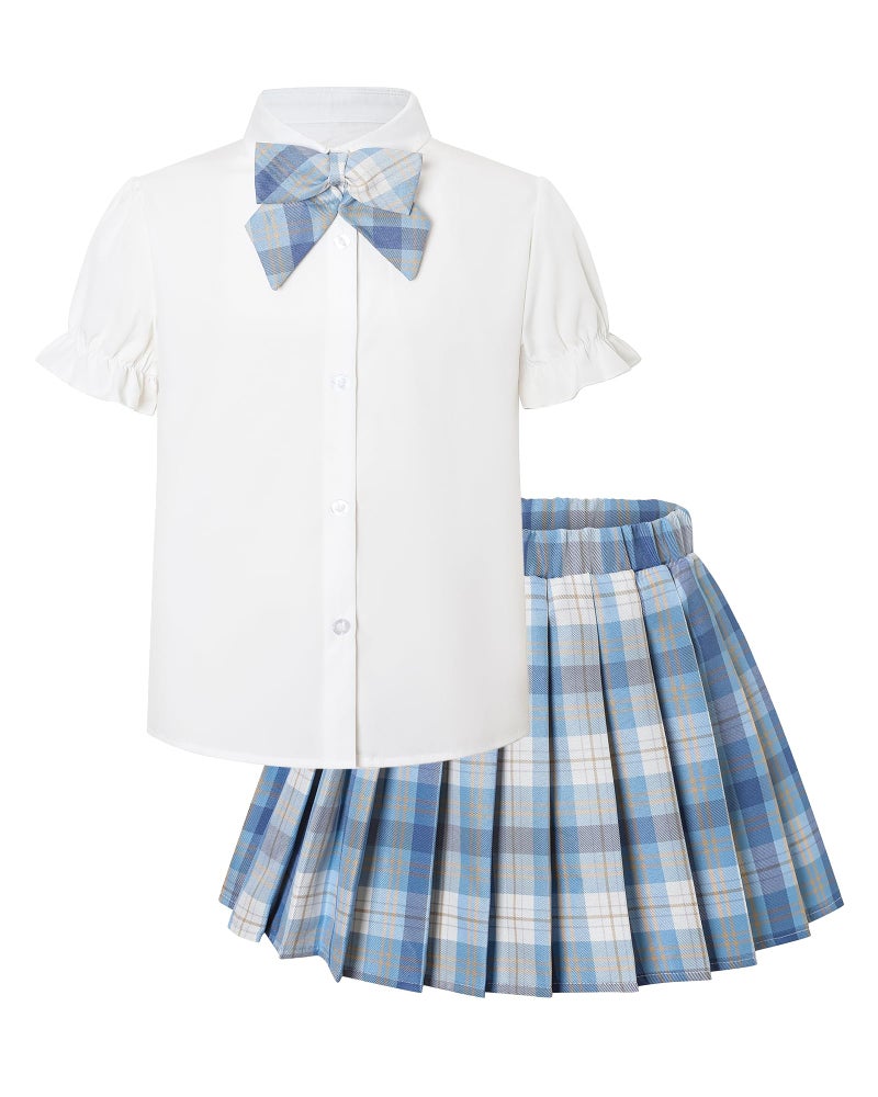 Betusline Girls Skirt Set JK School Uniform 2-Piece Outfit - Short Sleeve Shirt with Bow & Pleated Plaid Skirt, Plaid Blue, 7-8 Years = Tag 140 - Image 1