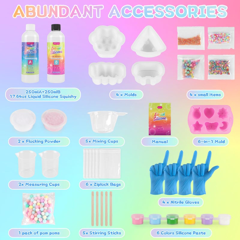 Sortnic Taba Squishy Kit with 10 Molds, 18OZ Liquid Silicone Squishy Making Kit with Guided, Bubble Free, Odorless and Faster Fully Cures, DIY Squishy Kit, Flocking Powder, Stress Relief Entertainment - Image 2