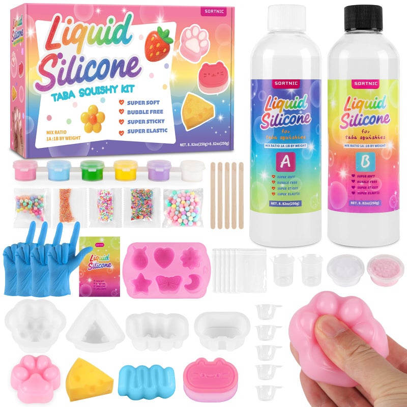 Sortnic Taba Squishy Kit with 10 Molds, 18OZ Liquid Silicone Squishy Making Kit with Guided, Bubble Free, Odorless and Faster Fully Cures, DIY Squishy Kit, Flocking Powder, Stress Relief Entertainment - Image 1