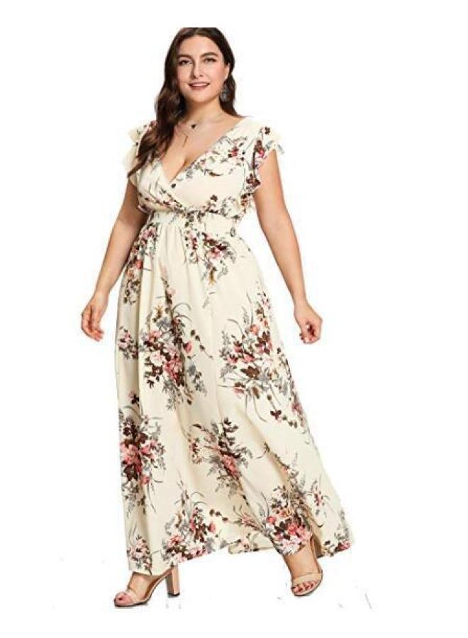 New European And American Large Size Women's Dress Chiffon Elastic Waist Lotus Leaf Sleeve Printed Spring And Summer Large Swing Dress 