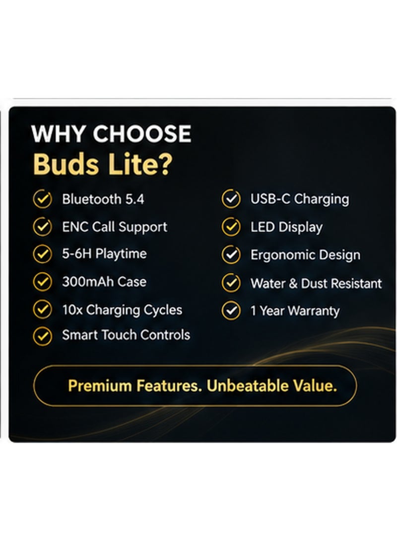 إبريت سماعات أذن لاسلكية iBRIT Buds Lite، بلوتوث 5.4، تقنية ENC لمكالمات واضحة، تحكم باللمس، شحن سريع USB-C، علبة شحن بشاشة LED، تشغيل 5-6 ساعات، مقاومة للماء والغبار - Image 2