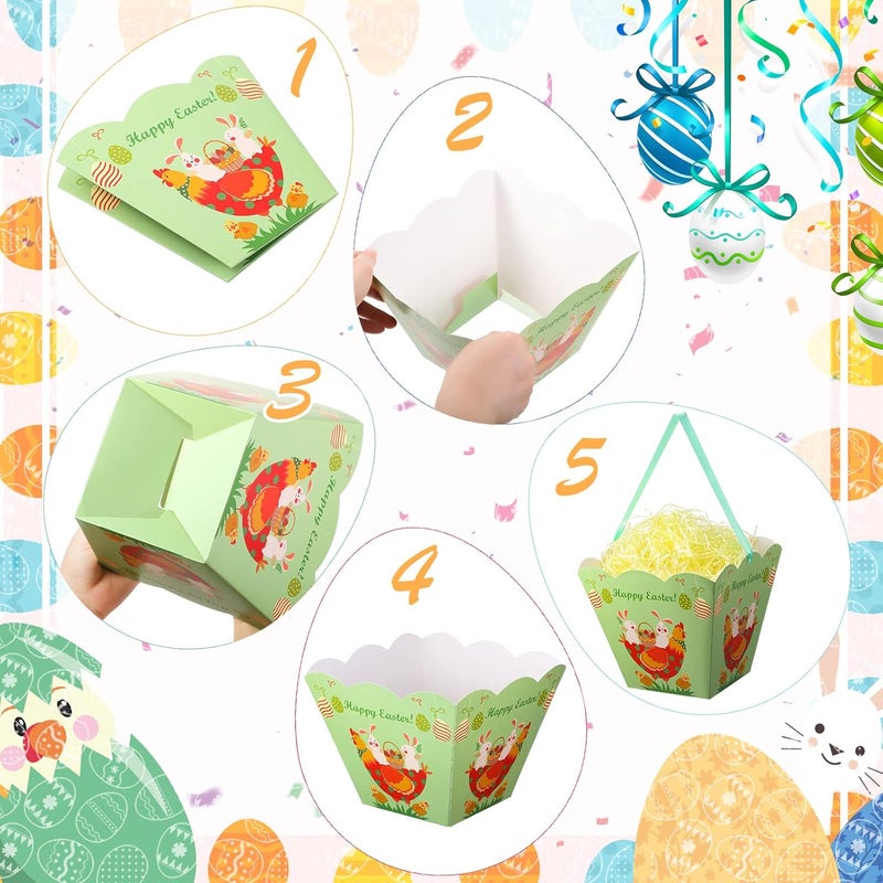 klarako 6 Sets Easter Baskets Include 4.7 x 4.7 x 6.7 Inches Easter Treat Boxes with Ribbon Handle Collapsible Easter Baskets with Grass Fill Happy Easter Bags Eggs Bunny Printed Theme Party Favor Bags - Image 3