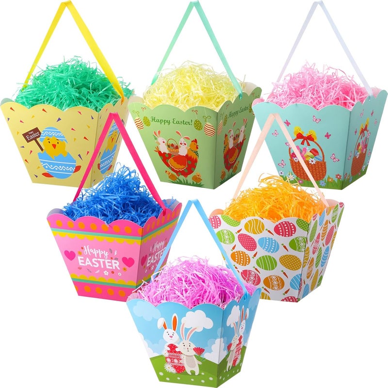 klarako 6 Sets Easter Baskets Include 4.7 x 4.7 x 6.7 Inches Easter Treat Boxes with Ribbon Handle Collapsible Easter Baskets with Grass Fill Happy Easter Bags Eggs Bunny Printed Theme Party Favor Bags - Image 1