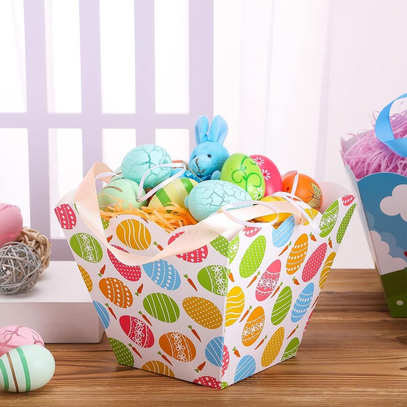 klarako 6 Sets Easter Baskets Include 4.7 x 4.7 x 6.7 Inches Easter Treat Boxes with Ribbon Handle Collapsible Easter Baskets with Grass Fill Happy Easter Bags Eggs Bunny Printed Theme Party Favor Bags - Image 4