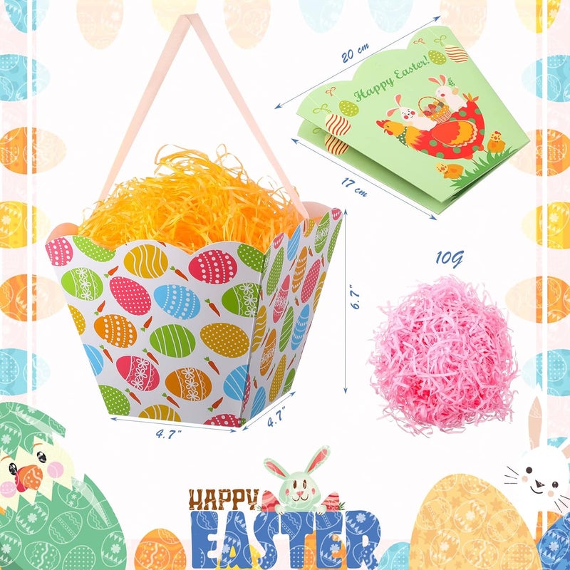 klarako 6 Sets Easter Baskets Include 4.7 x 4.7 x 6.7 Inches Easter Treat Boxes with Ribbon Handle Collapsible Easter Baskets with Grass Fill Happy Easter Bags Eggs Bunny Printed Theme Party Favor Bags - Image 2