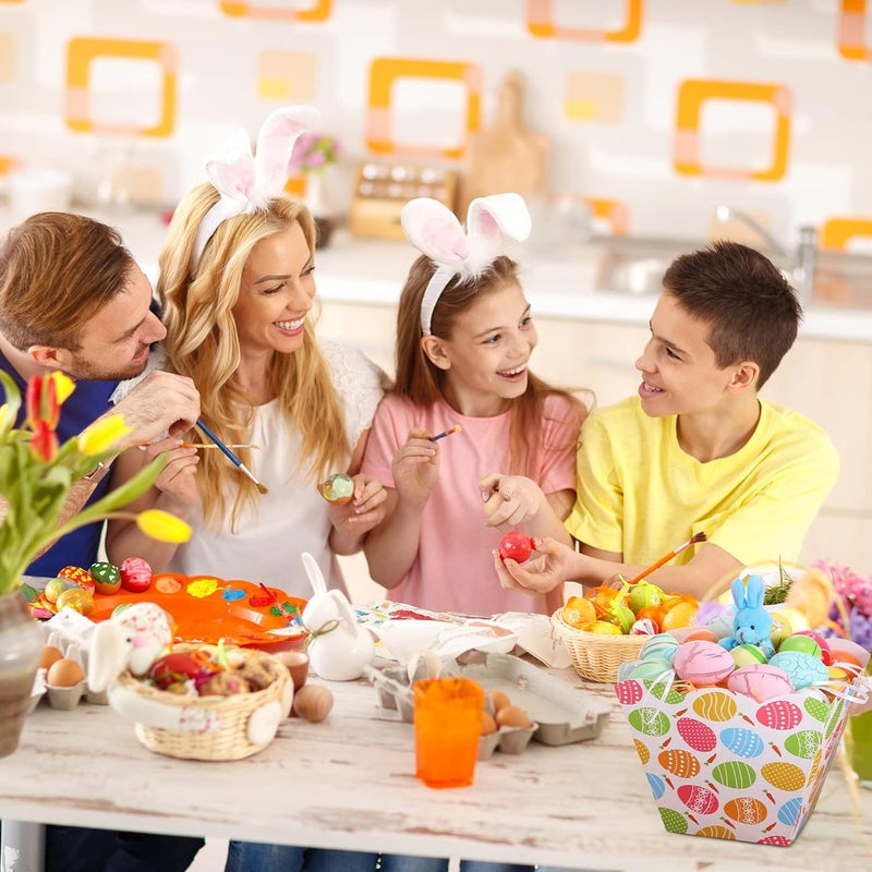 klarako 6 Sets Easter Baskets Include 4.7 x 4.7 x 6.7 Inches Easter Treat Boxes with Ribbon Handle Collapsible Easter Baskets with Grass Fill Happy Easter Bags Eggs Bunny Printed Theme Party Favor Bags - Image 5