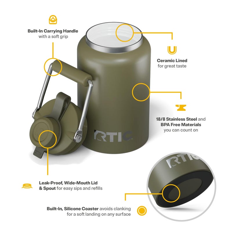 RTIC Half Gallon Outback Jug, Stainless Steel, Ceramic Lined Insulated Water Bottle with Lid and Handle, BPA-Free, Double Wall Vacuum Insulation, Olive - Image 3