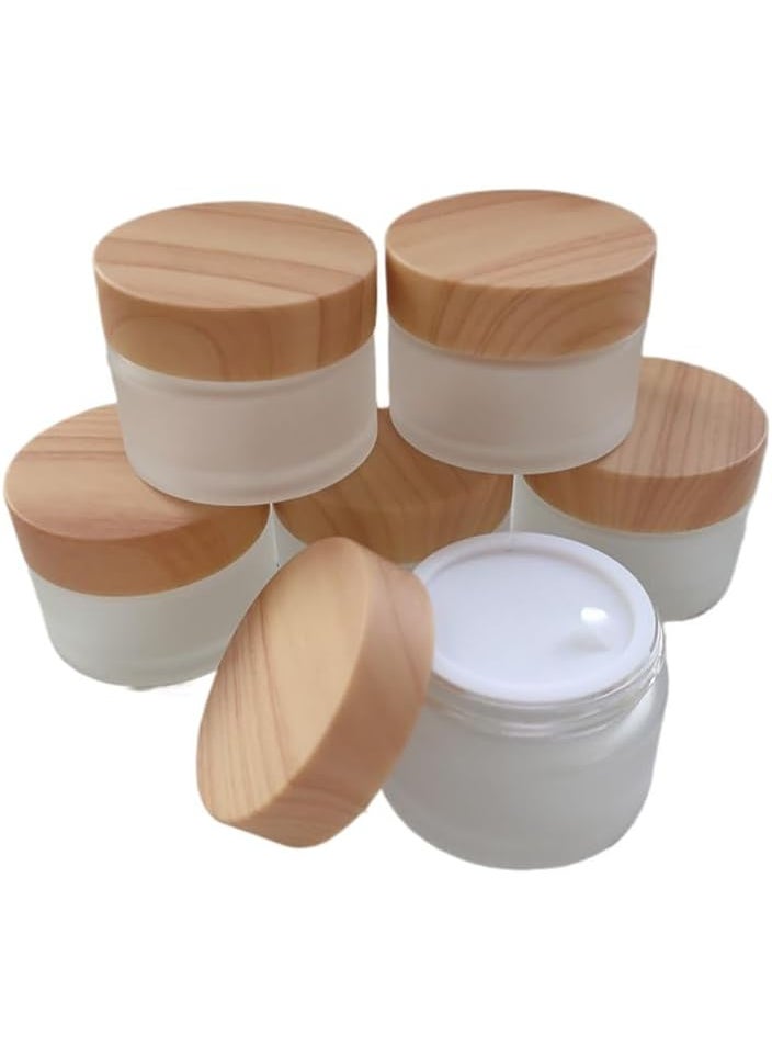 Honkenda 1 Oz Frosted Glass Cosmetic Containers with Wood Grain Lids, 30ml Travel Empty Makeup Jar Pot Box, Refillable Sample Jars for Lotion Face Cream Lip Balm Eyeshadow Storage (30 Grams, 6 Pack) 