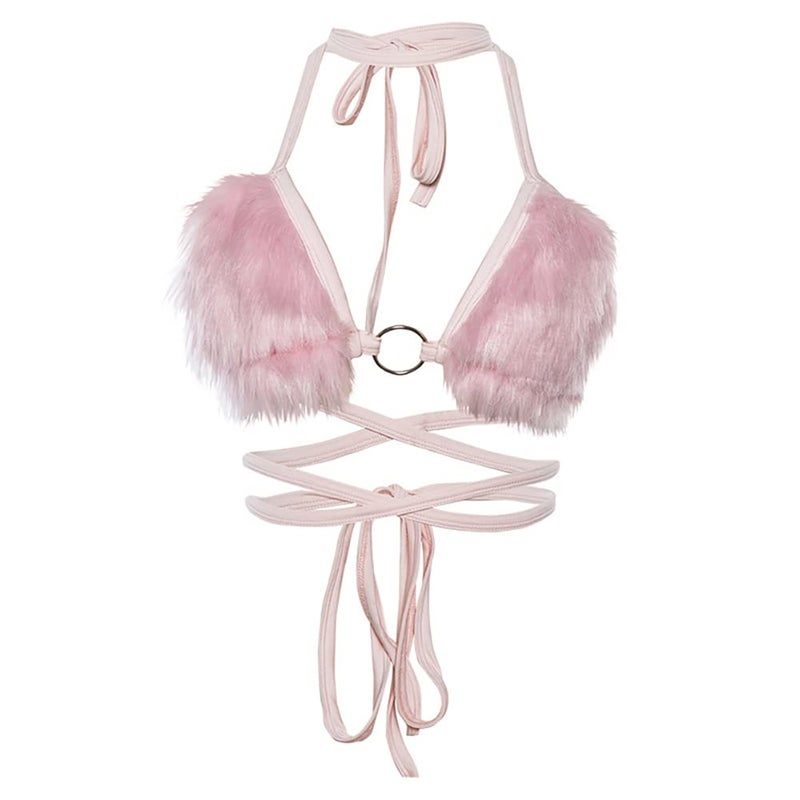 ABAFIP Women's Rave Bra Top Fluffy Faux Fur Spaghetti Straps Halter Neck Triangle Bralette Cami Tanks Festival Party Dance Hot Crop Top Clubwear Light Pink One Size - Image 1