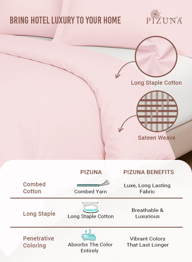 Pizuna Pure Combed Cotton Duvet Cover Single 140x200 cm Light Pink, 400 Thread Count Cool Breathable 100% Long Staple Cotton Sateen Weave Quilt Cover & 1 Pillowcase (Luxurious Bedding Set) - Image 2