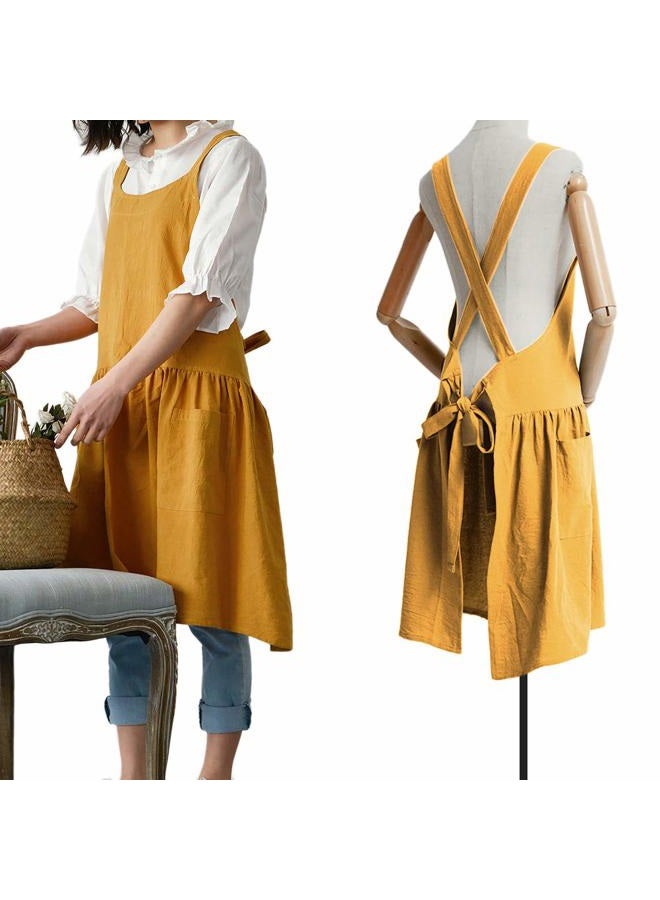 NEWGEM Cotton Linen Cross Back Apron for Women with Pockets for Painting Gardening Yellow with Waist Ties - Image 1