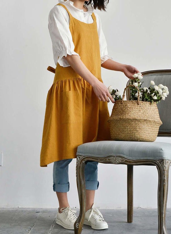 NEWGEM Cotton Linen Cross Back Apron for Women with Pockets for Painting Gardening Yellow with Waist Ties - Image 3