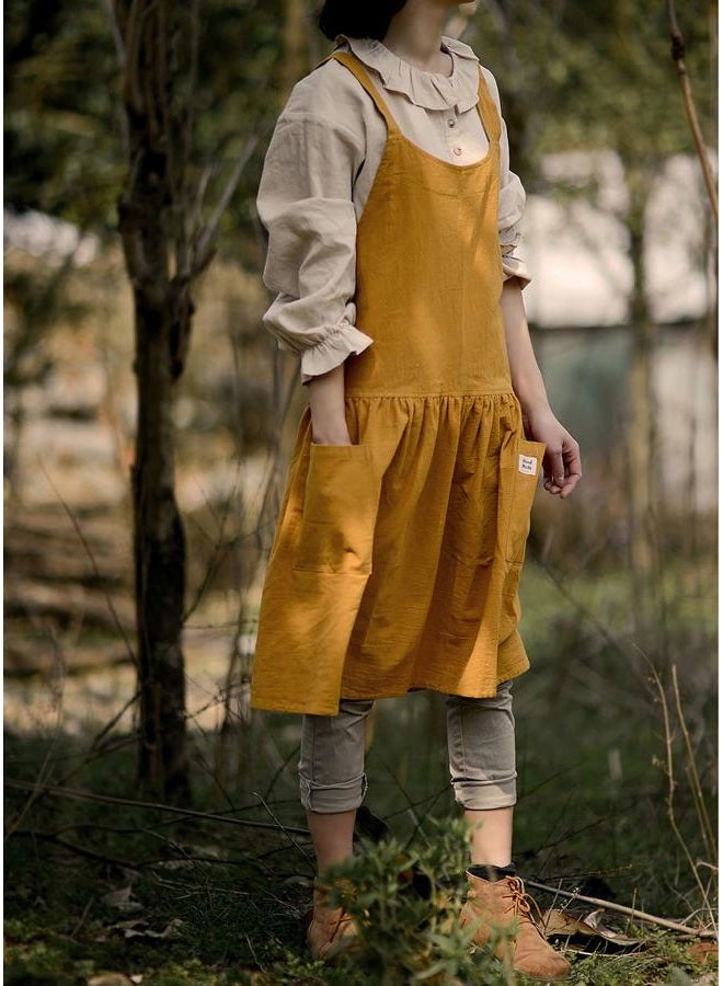 NEWGEM Cotton Linen Cross Back Apron for Women with Pockets for Painting Gardening Yellow with Waist Ties - Image 4