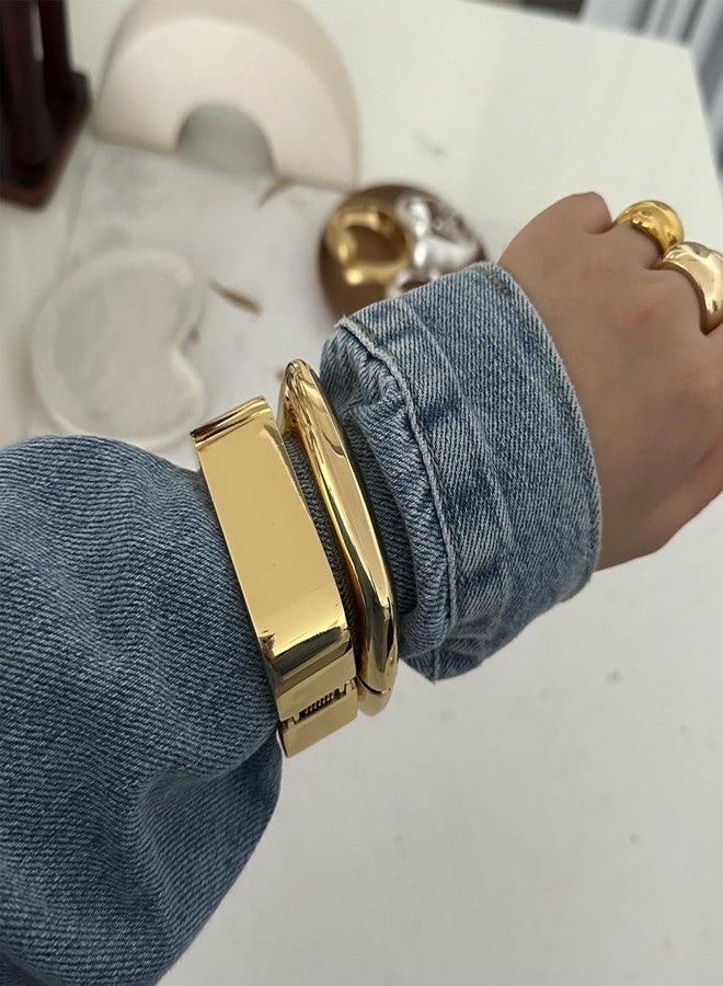 eartif Chunky Gold Bangle for Women Trendy Square Wide Cuff Bangle Stackable Bangles Bracelets 2PCS Big Gold Bangles Set Gold jewelry Gift (2PCS) - Image 2