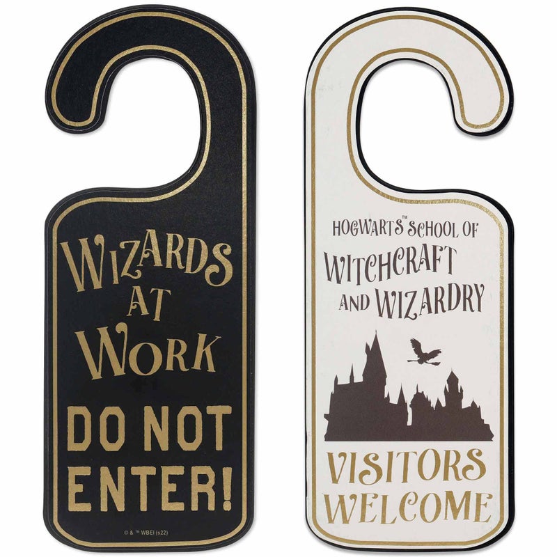 Open Road Brands Harry Potter Double-Sided Reversible Wood Door Hanger - Wizards at Work and Hogwarts Vistors Welcome - Image 1