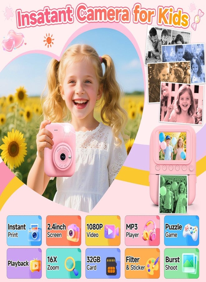 MINIBEAR Kids Camera Instant Print, 1080P Kids Digital Camera with Color Photo Printing, Portable Toddler Camera Toy for Girls Boys Age 3-12, Christmas Birthday Gifts, 5 Rolls Paper & 32GB SD Card, Pink - Image 2