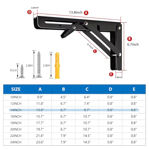 AUTOHJ Folding Shelf Bracket 14 inch 2PC Wall Mounted Collapsible Shelves Brackets Heavy Duty Foldable Workbench Bracket DIY Wall Table Hinges for RV Countertop Extension Gargage Workstation Table Supports - Image 3