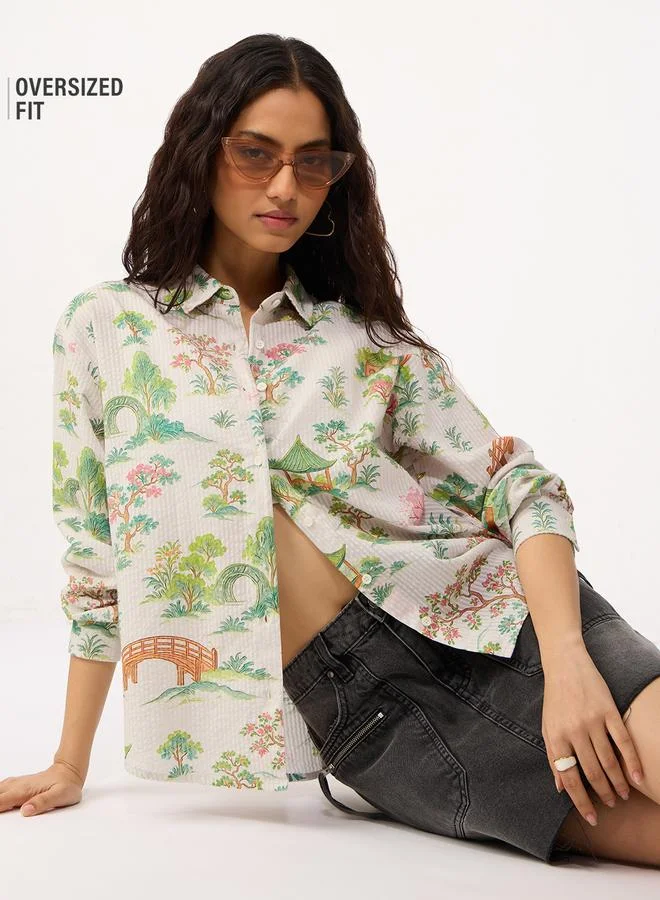 The Souled Store White Printed Oversized Long Sleeve Shirt