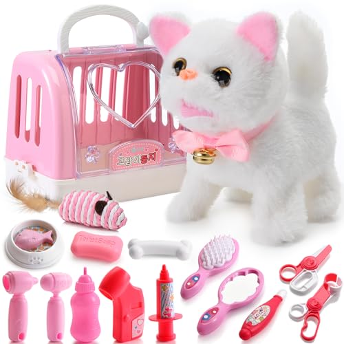 WorWoder 15PC Robot Plush Electronic Interactive Cats That Move and Meow Walking Wagging Lifelike Stuffed Kitten Toy pet for Girls Kid Parts White - Image 1