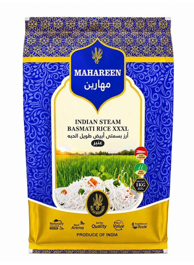 Mahareen Indian Steam Basmati Rice , White, 1KG - Image 1